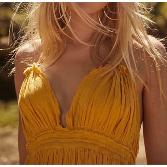 Free People 100 Degree Mini Dress Yellow Marigold Sz Sm Boho Flowy Summer Dress - Picture 3 of 11